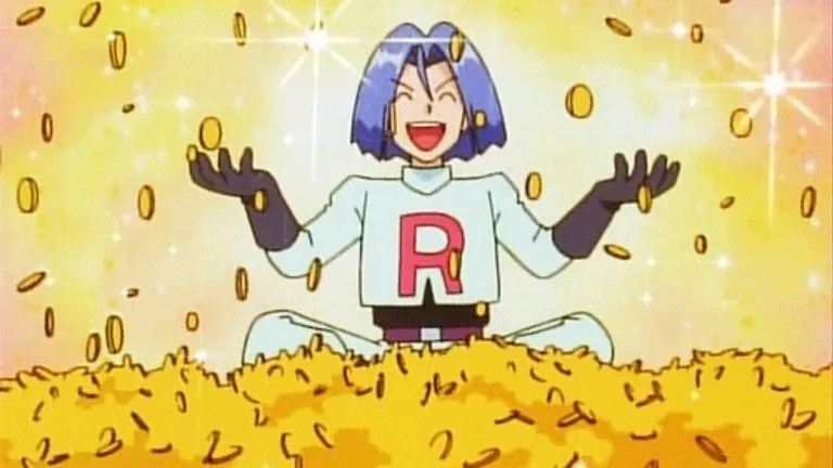 寶可夢動畫中火箭隊的傑西拿著一堆硬幣