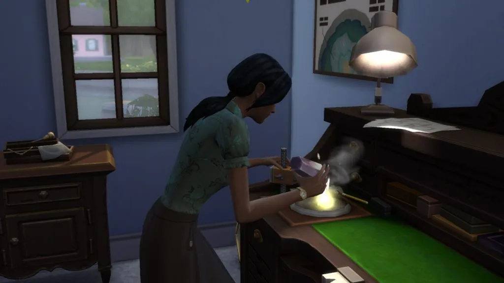 Uma captura de tela mostrando um Sim criando uma joia do pacote de objetos Criações de Cristal do The Sims 4.