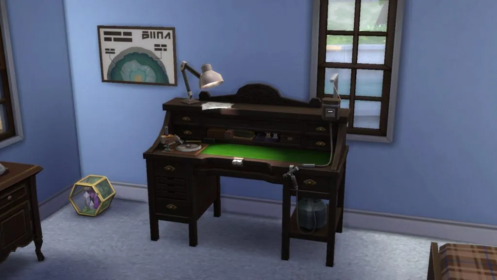 The Sims 4 の宝石学テーブルをフィーチャーしたスクリーンショット。