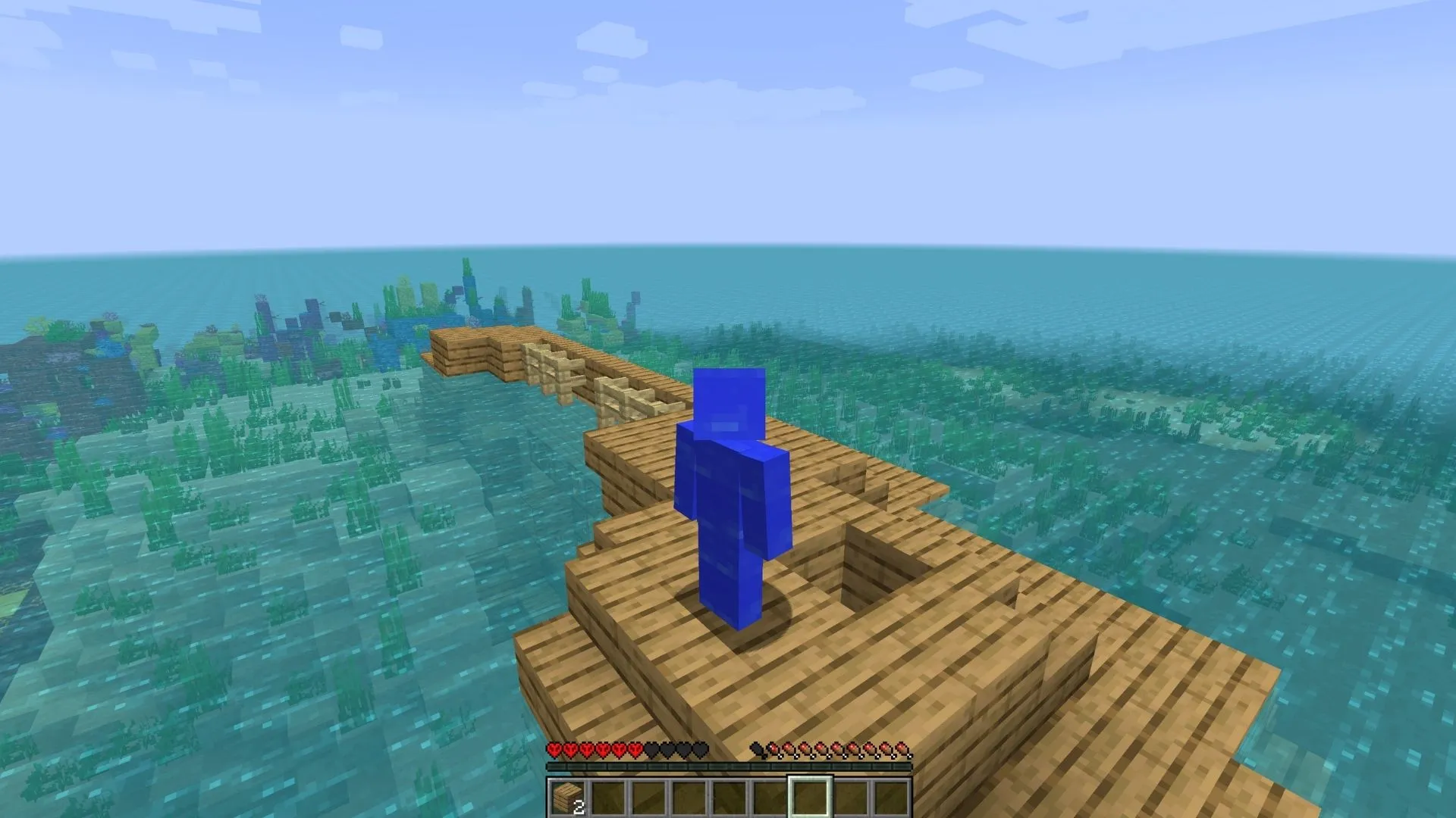 Water World 지도 중앙에 있는 Minecraft 캐릭터