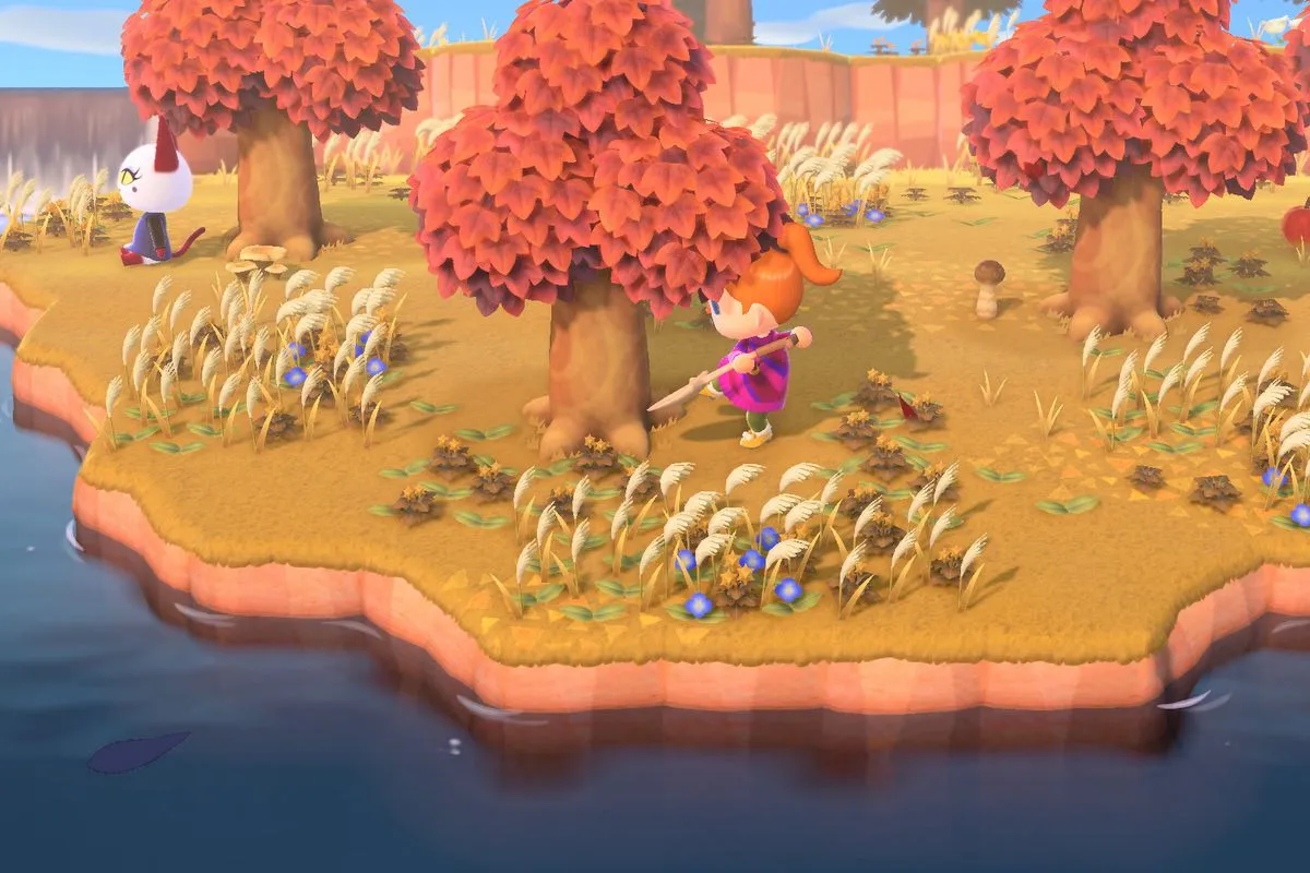 Animal Crossing: New Horizons에서 가을에 나무 근처를 파고 있는 플레이어의 스크린샷