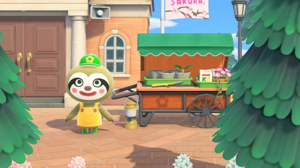 Animal Crossing: New Horizons의 Harv's Island Plaza에 있는 상점 중 하나의 이미지.