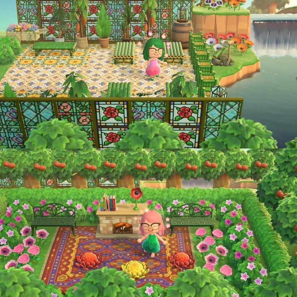 Uma imagem de um personagem parado em um jardim Animal Crossing novos horizontes