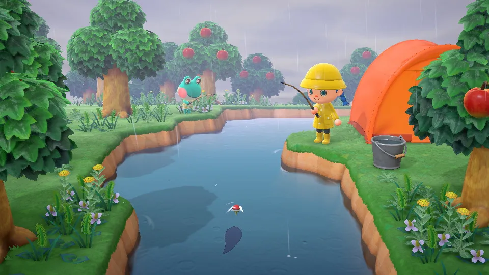 Um animal de um personagem pescando em um rio em Animal Crossing New Horizons