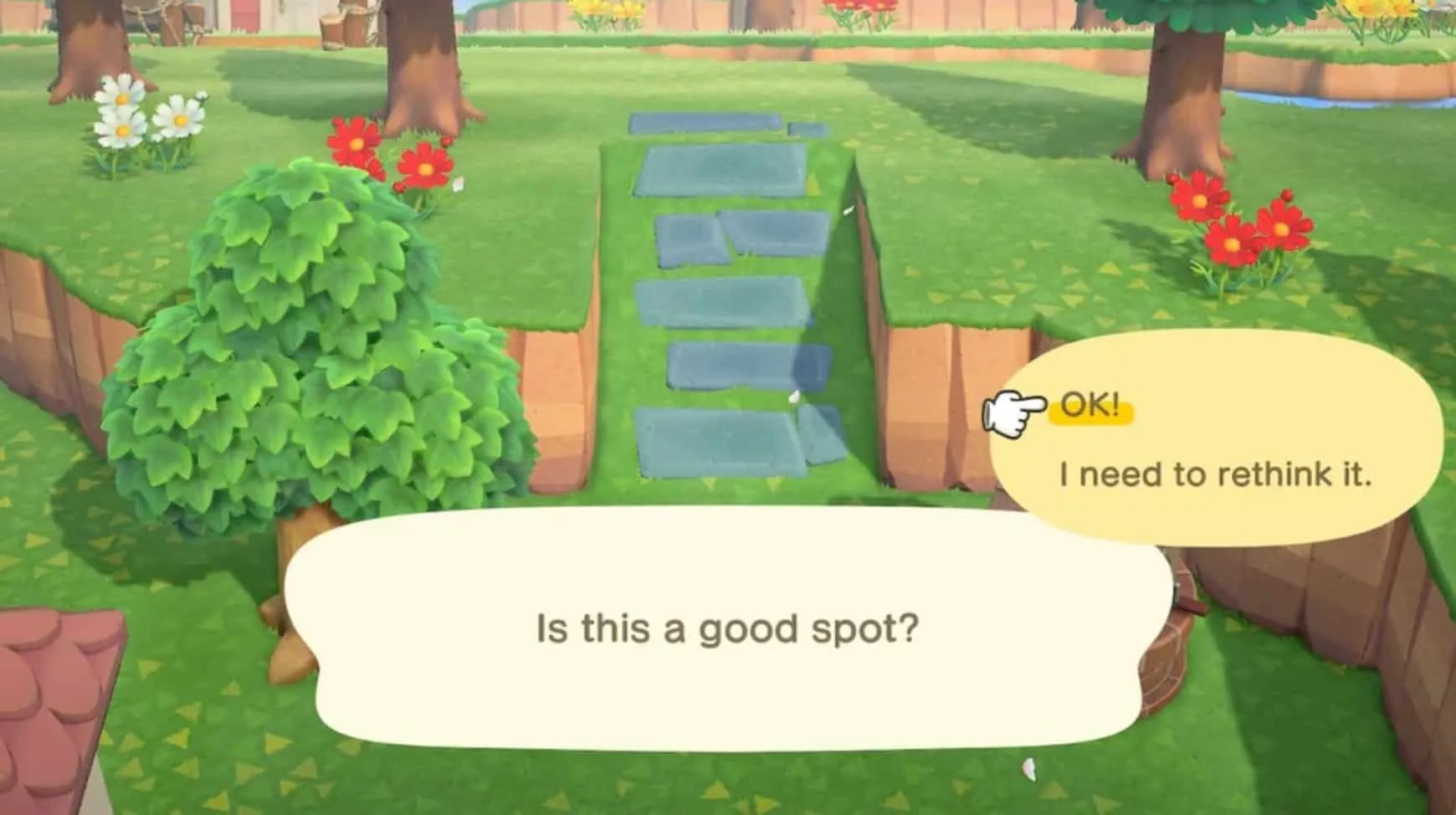 Uma imagem de um jogador editando a colocação de uma rampa no layout da ilha em Animal Crossing novos horizontes