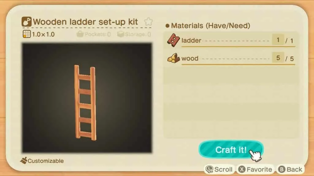 Escada disponível para fabricação na bancada de artesanato em Animal Crossing: New Horizons