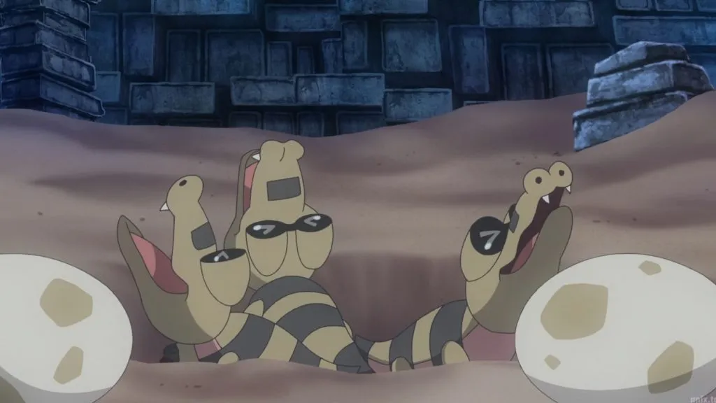 ポケモンホライゾンズのア​​ニメで餌をもらうのを待っている3匹の赤ちゃんサンダイル。
