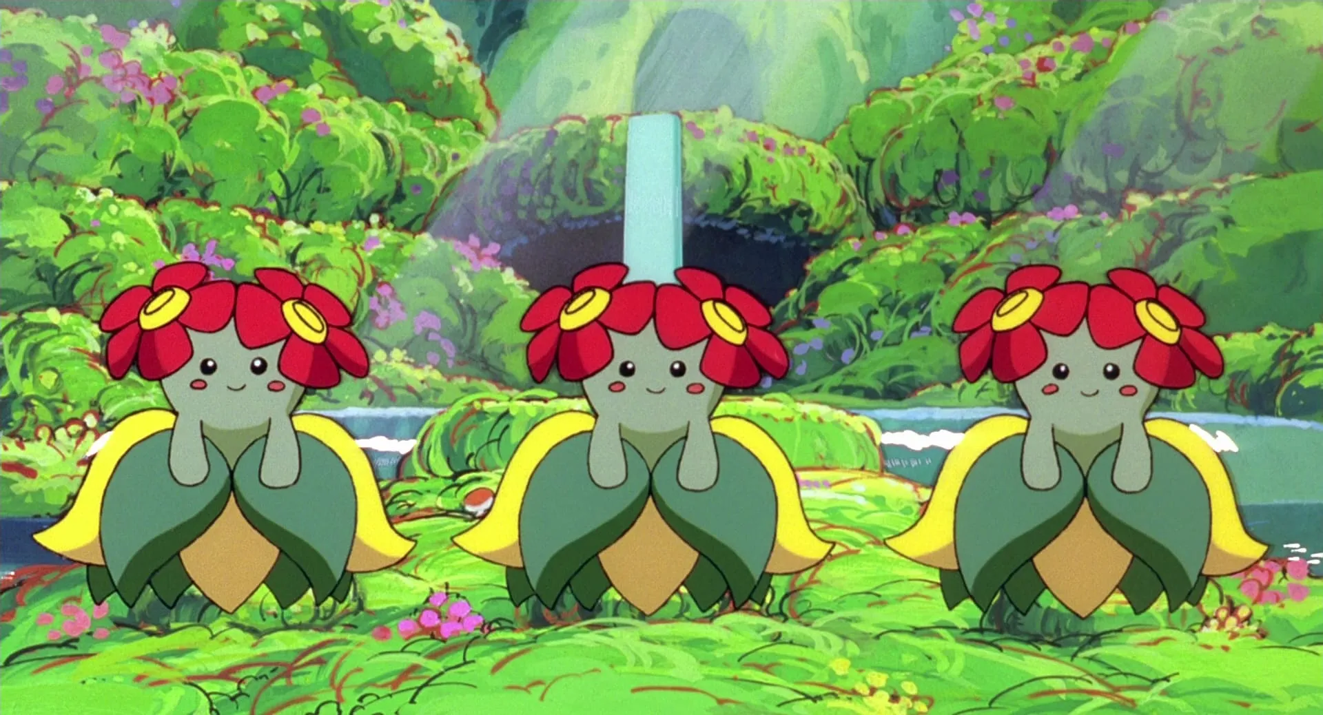 Ein Kunstwerk aus der Anime-Serie, das Bellossom in Pokémon zeigt, eines der Monster, bei denen man einen Sonnenstein verwenden muss, um sich weiterzuentwickeln.