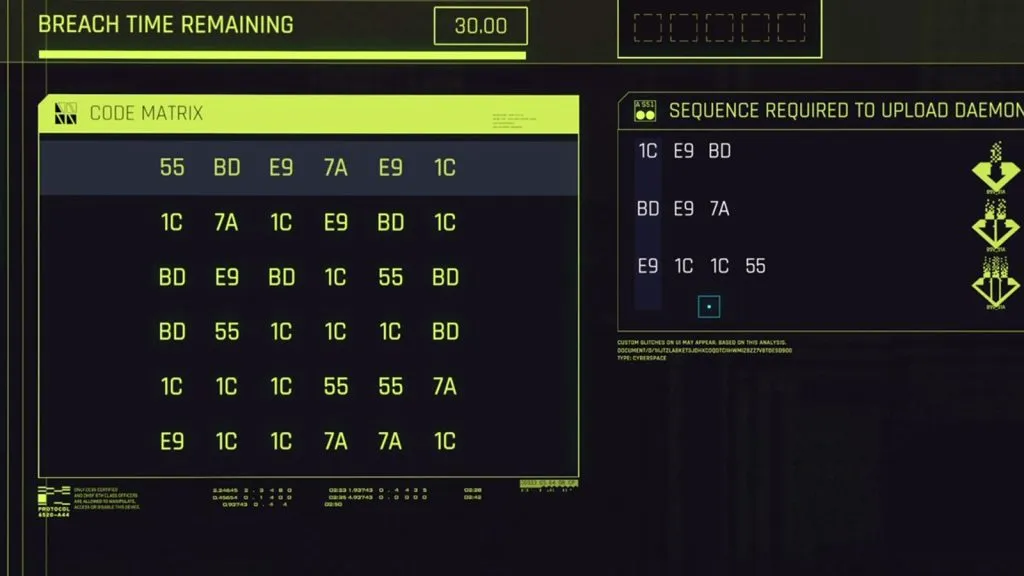 uma imagem da matriz de código dos quebra-cabeças de protocolo de violação no cyberpunk 2077 2.0