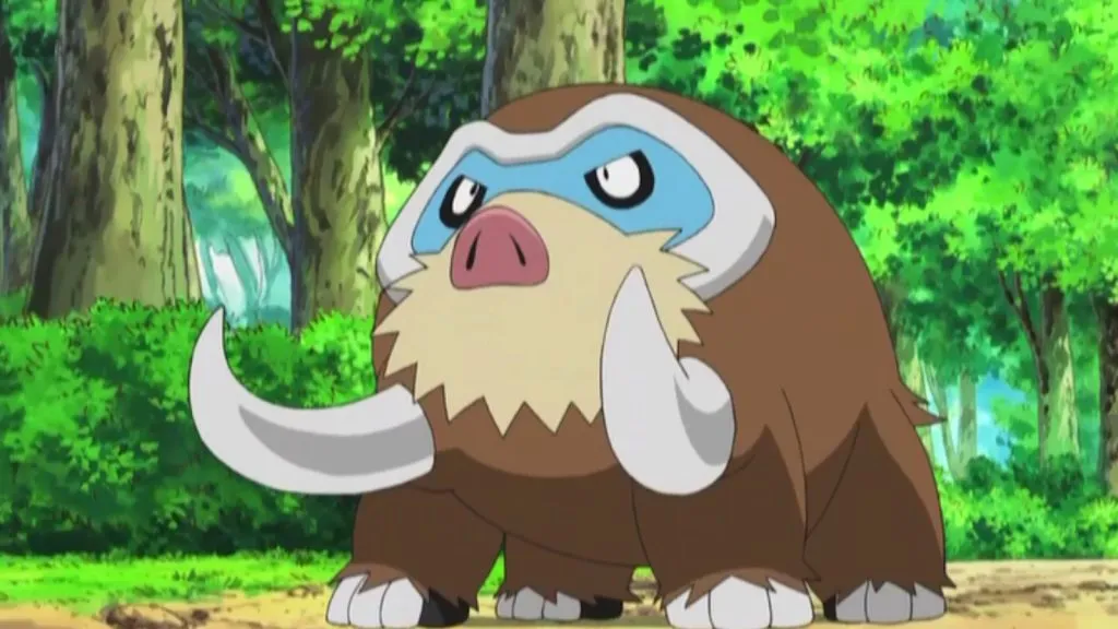 Mamoswine de Dawn se preparando para atacar nos animes Pokémon DIamond e Pearl.