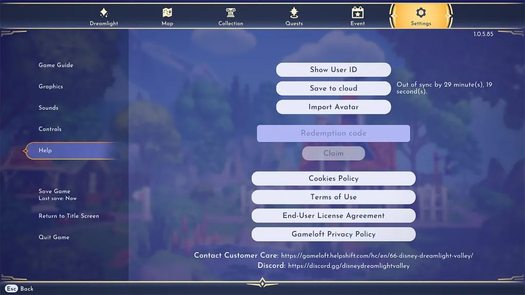 Disney Dreamlight Valley의 교환 코드 상자가 있는 도움말 메뉴 화면