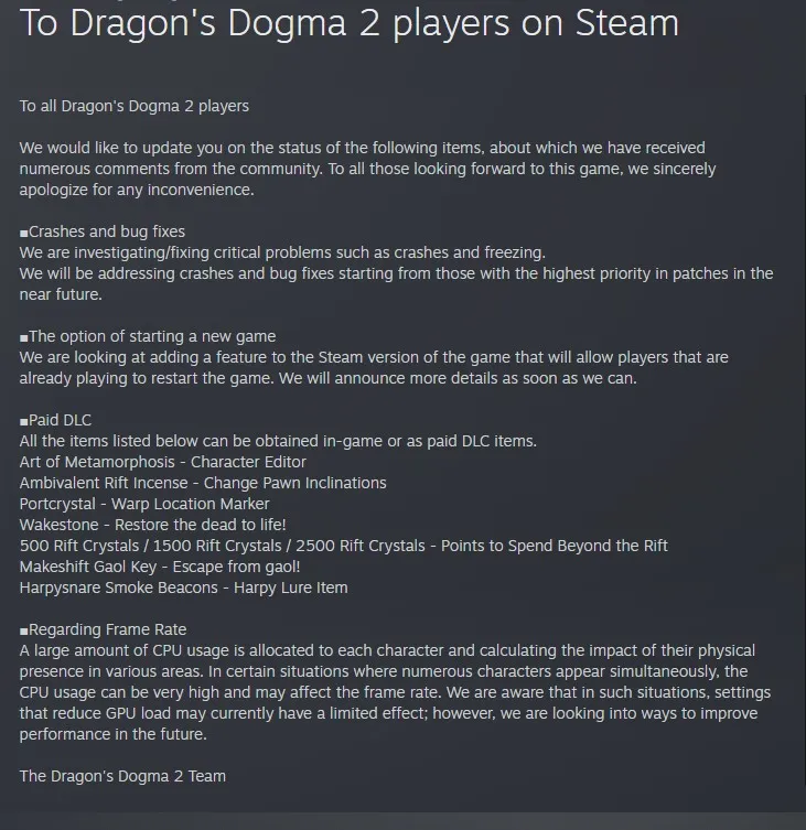 Steam의 Dragon's Dpgma 2 관련 캡콤의 사과 게시물 이미지