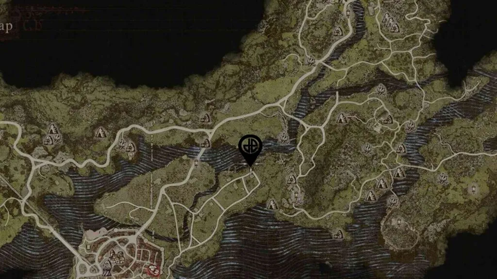 La mappa di Dragon's Dogma 2 che mostra la posizione del gettone del cercatore sulla riva del fiume a nord-est di Vernworth