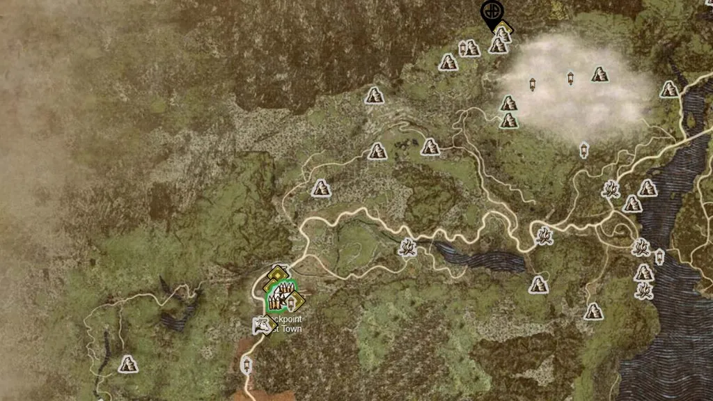 Mapa de Dragon's Dogma 2 com Mountain Shrine marcado