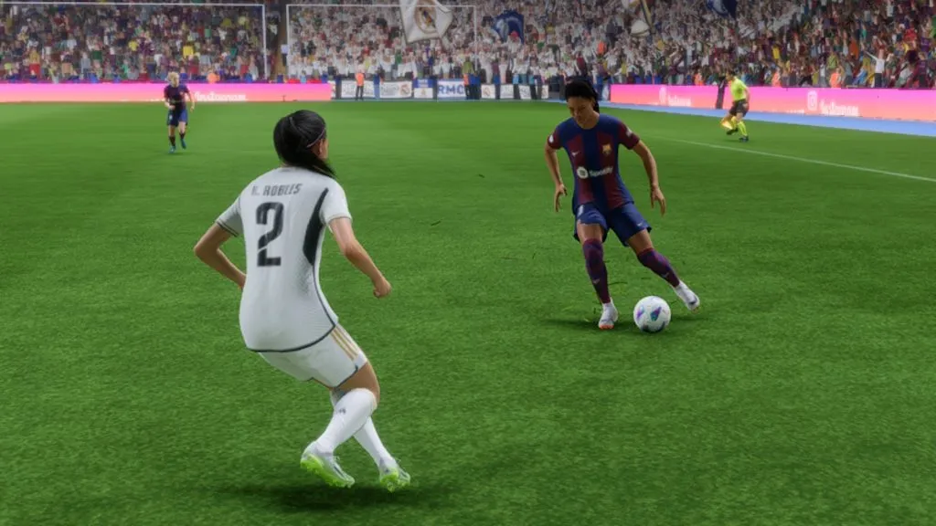 A ala do Barcelona, ​​Salma Paralluelo, driblando na partida EA FC 24 Kick Off.