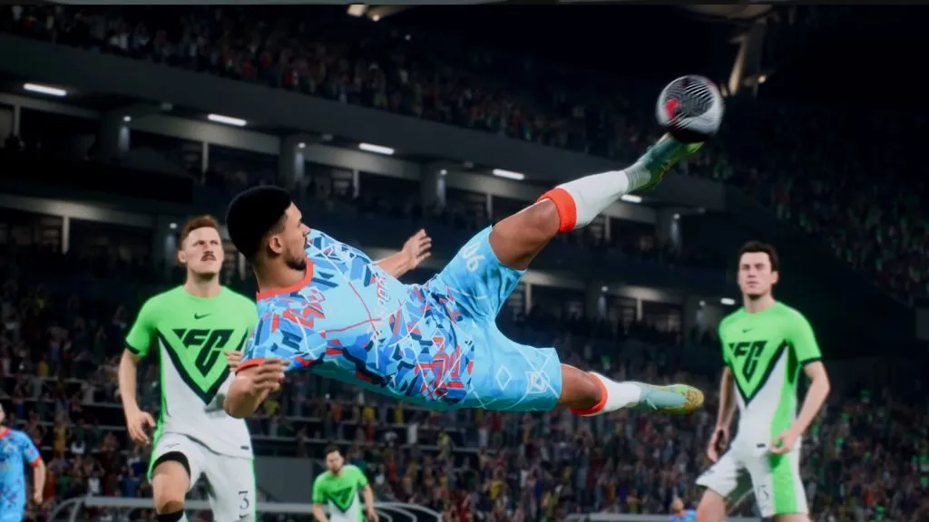 Jugador de Clubs con Acrobatic realizando volea por encima de la cabeza en EA FC 24.