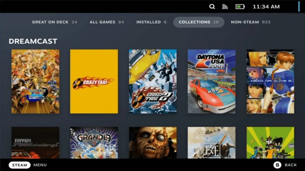 Captura de pantalla de los juegos de Dreamcast disponibles a través de EmuDeck en Steam Deck.