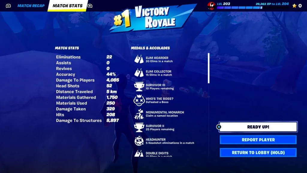 Resumen de premios posteriores al partido en Fortnite