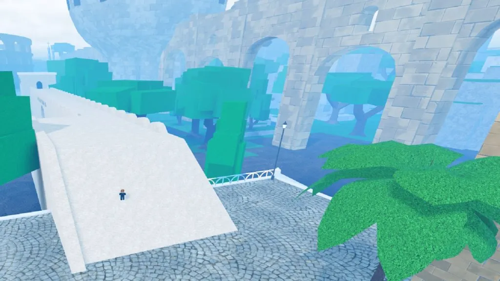 Screenshot im Spiel mit der riesigen Welt von Fruit Battlegrounds in Roblox.