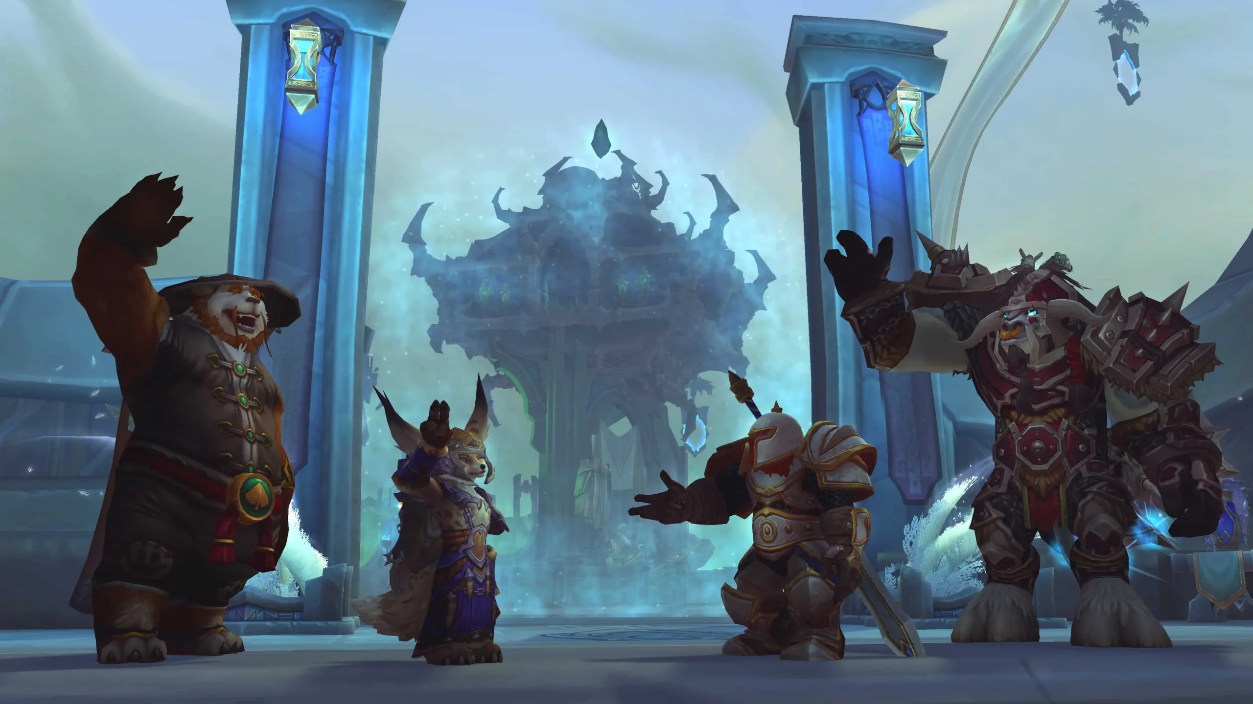 world of warcraft uau tauren anão viera e pandaren acenam para a tela em Shadowlands