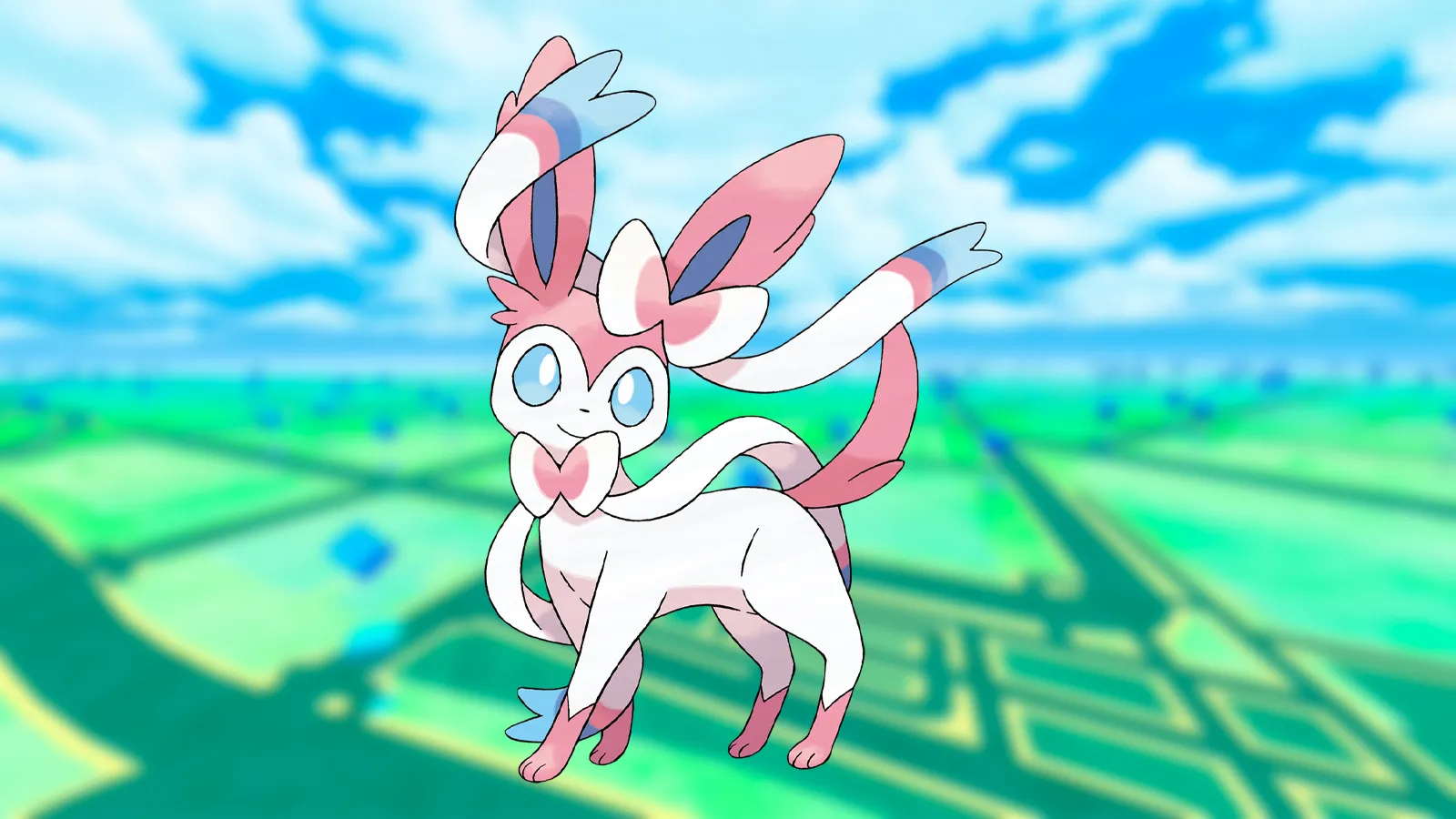 Illustration de Sylveon de l'anime sur un arrière-plan flou de Pokemon Go