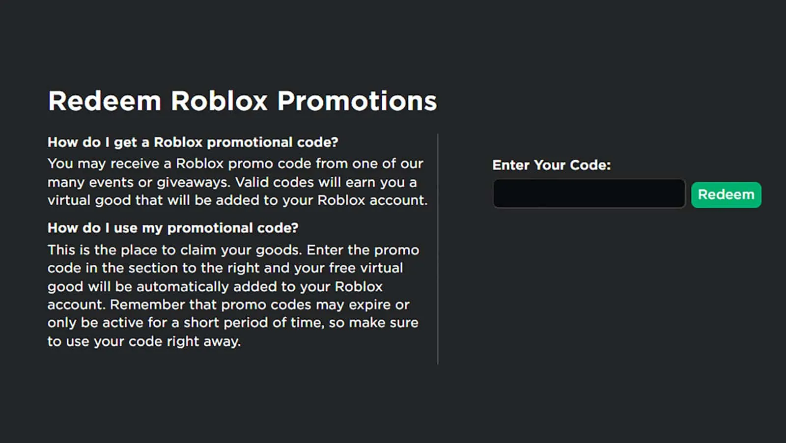 Une image montrant l'emplacement pour saisir les codes promotionnels dans Roblox