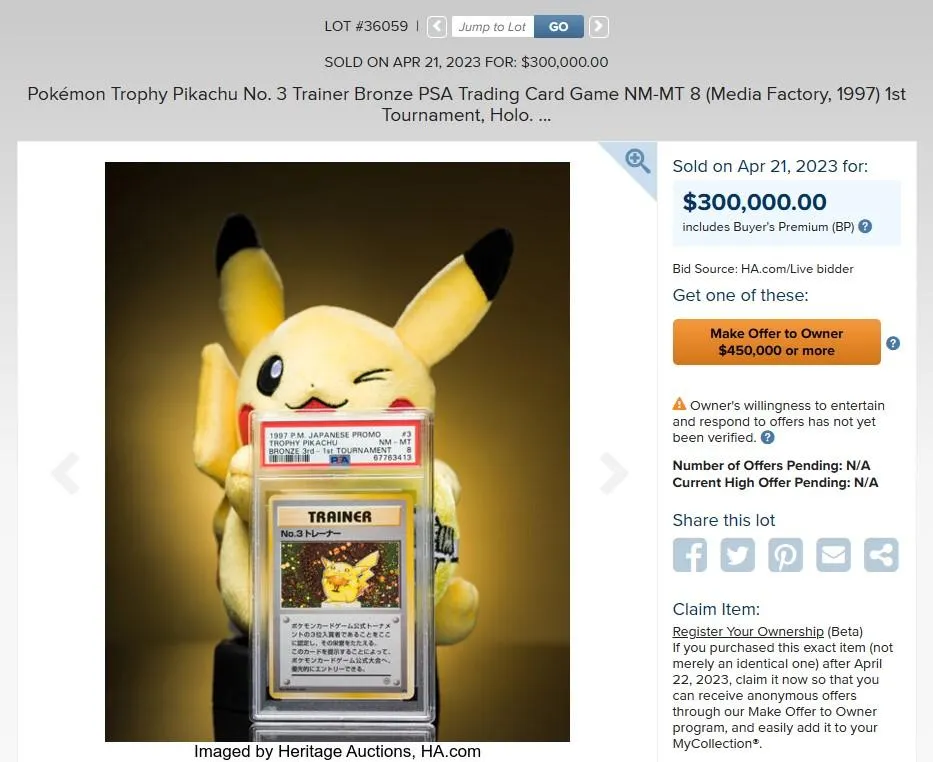Pokémon-Trophäe Pikachu Nr. 3 Trainer Bronze bei einer Auktion