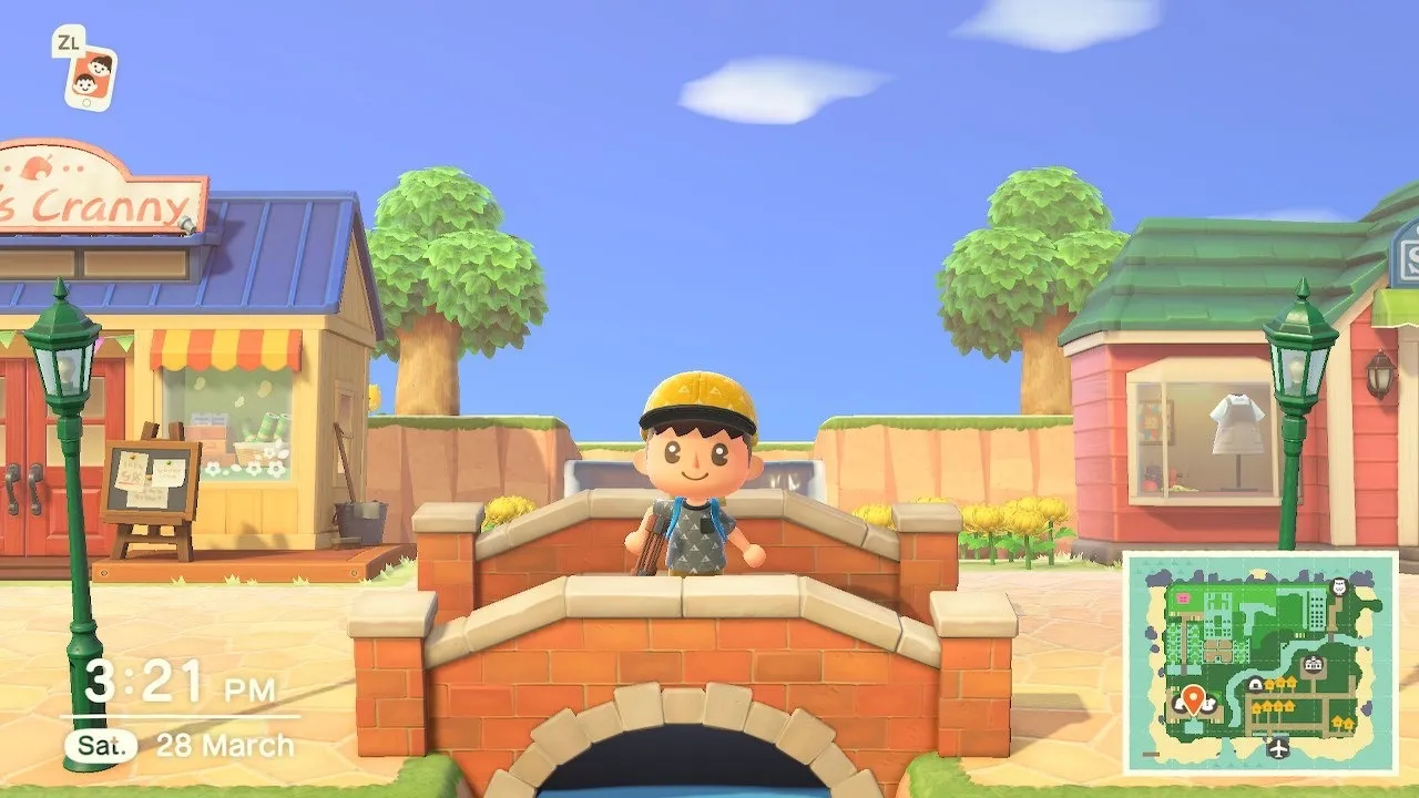 Uma imagem de um personagem parado em uma ponte em um layout de ilha em Animal Crossing novos horizontes