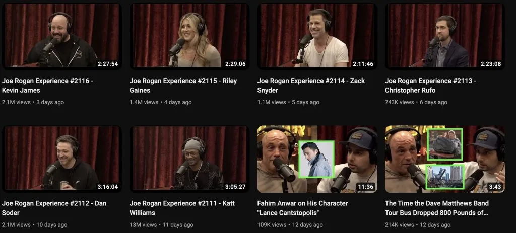 Screenshot des YouTube-Kanals von Joe Rogan seit seiner Rückkehr von Spotify.