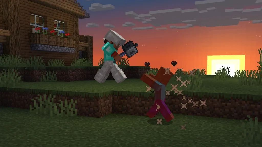 キャラクターがメイスを使って敵を攻撃する Minecraft のゲームプレイの画像。