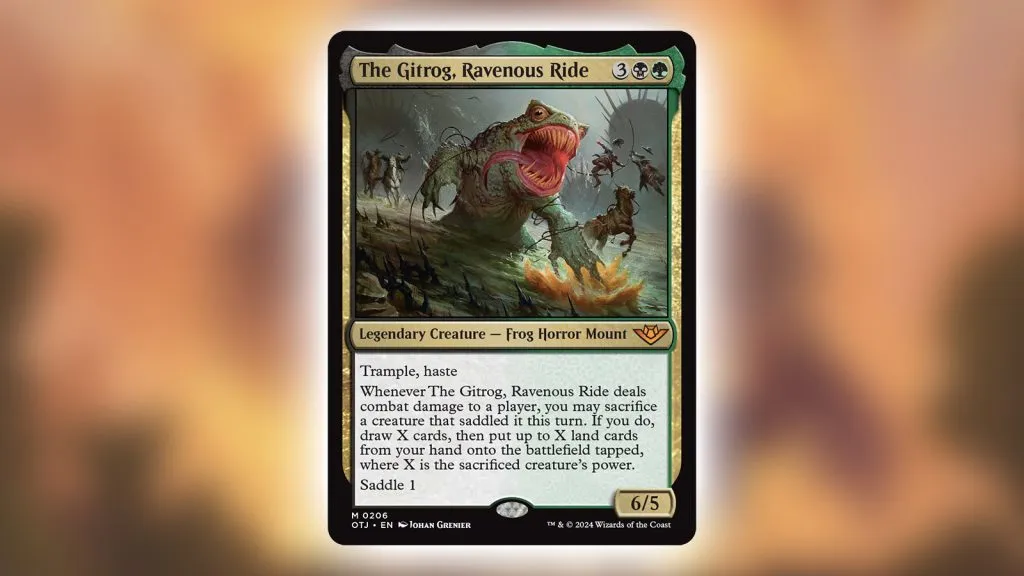 Carte MTG Thunder Junction, The Gitrog, Ravenous Ride, puissance/défense 6/5 Piétinement, célérité Chaque fois que The Gitrog, Ravenous Ride inflige des blessures de combat à un joueur, vous pouvez sacrifier une créature qui l'a sellé ce tour-ci. Si vous le faites, piochez X cartes, puis mettez sur le champ de bataille engagés jusqu'à X cartes de terrain de votre main, X étant la force de la créature sacrifiée. Selle 1