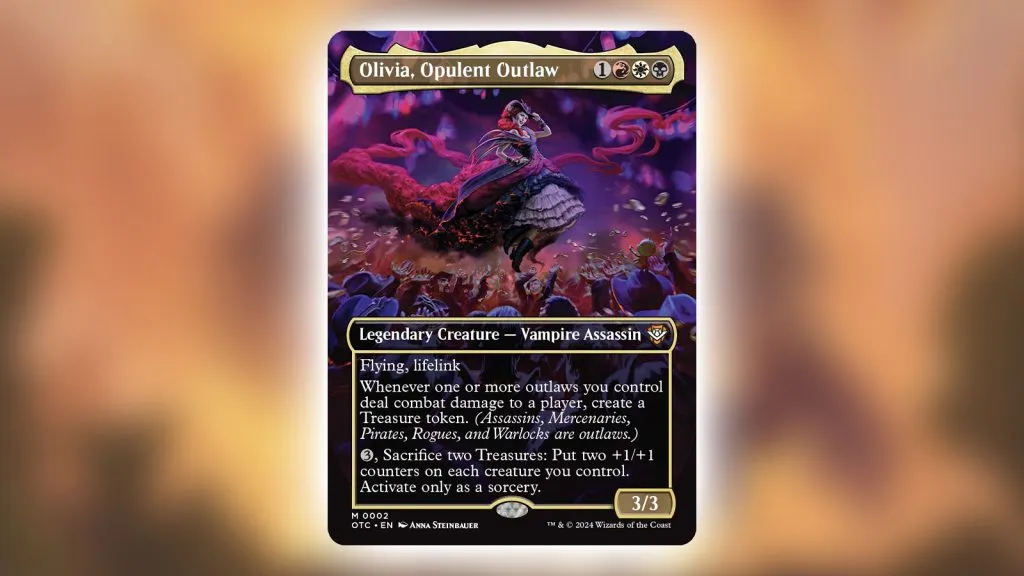 Carte MTG Thunder Junction Olivia, Opulent Outlaw Flying, lifelink Chaque fois qu'un ou plusieurs hors-la-loi que vous contrôlez infligent des blessures de combat à un joueur, créez un jeton Trésor. (Les assassins, les mercenaires, les pirates, les voleurs et les démonistes sont des hors-la-loi.) 3, sacrifiez deux trésors : Mettez deux marqueurs +1/+1 sur chaque créature que vous contrôlez. Activable uniquement par sorcellerie.