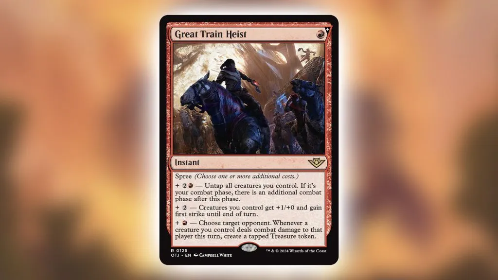 サンダー・ジャンクション MTG カード、大列車強盗 (R+) 暴れまわる（追加コストを 1 つ以上選ぶ。） + 2R - あなたがコントロールするすべてのクリーチャーをアンタップする。あなたの戦闘フェイズである場合、このフェイズの後に追加の戦闘フェイズがある。 + 2 - あなたがコントロールするクリーチャーは、ターン終了時まで +1/+0 の修整を受けるとともに先制攻撃を得る。 + R - 対戦相手 1 人を選択する。このターン、あなたがコントロールするクリーチャーが 1 体そのプレイヤーに戦闘ダメージを与えるたび、タップ状態の宝物トークンを 1 体生成する。