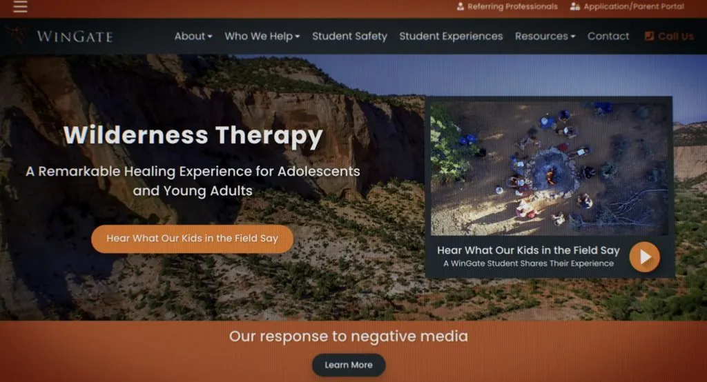 Standbild der Website von Wingate Wilderness Therapy, gezeigt in „Das Programm“.