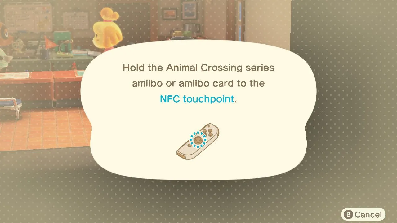 Uno screenshot che mostra l'utilizzo delle carte Amiibo per spostare un abitante in ACNH