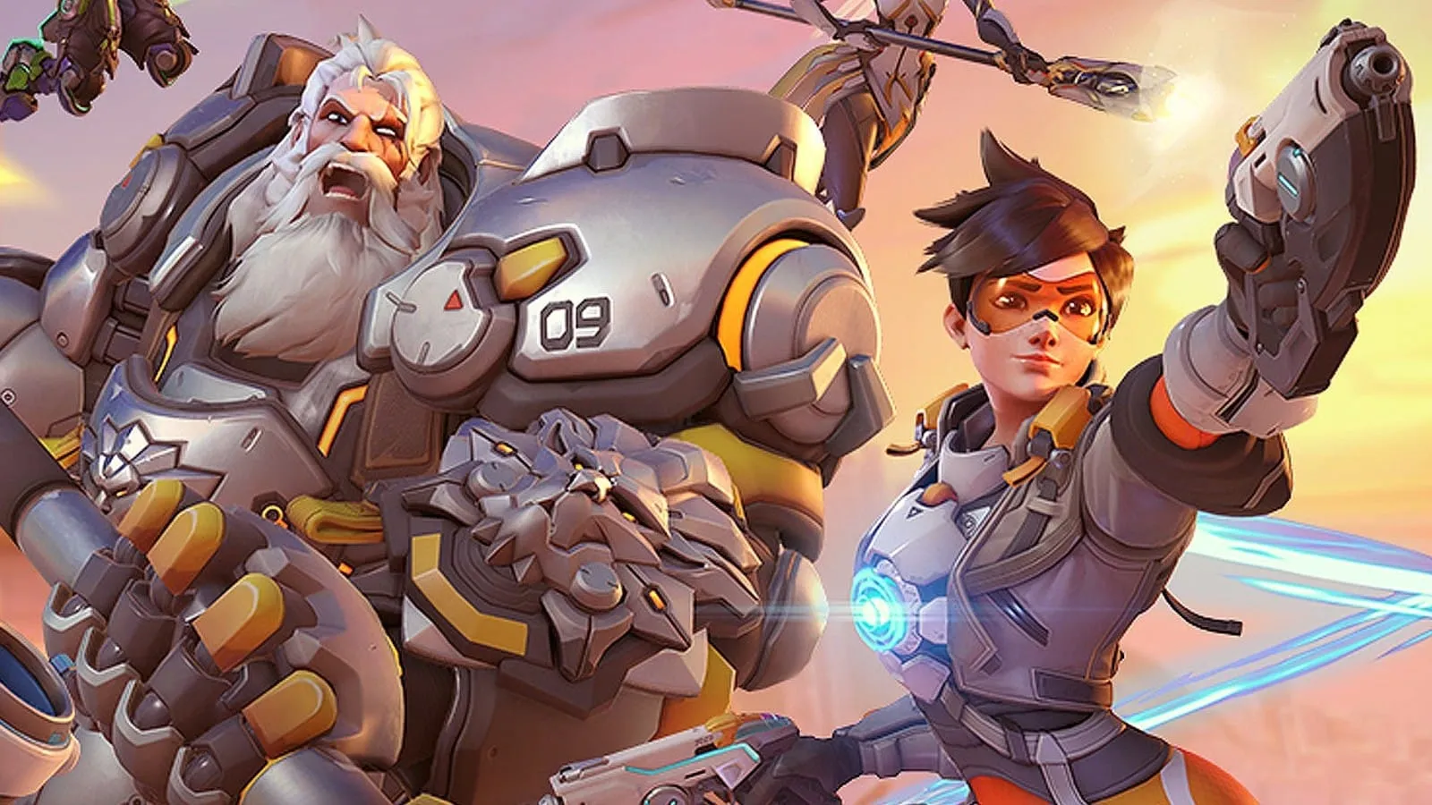 Uma imagem dos personagens de Overwatch Torbjorn e Tracer.