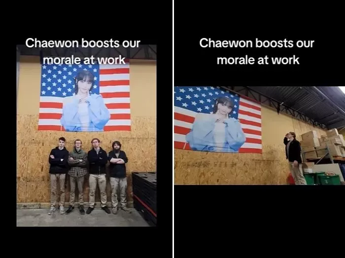 Foto de 'soldado' saudando bandeira com rosto de LE SSERAFIM Kim Chaewon se torna viral + bandeiras de ídolos ganham popularidade