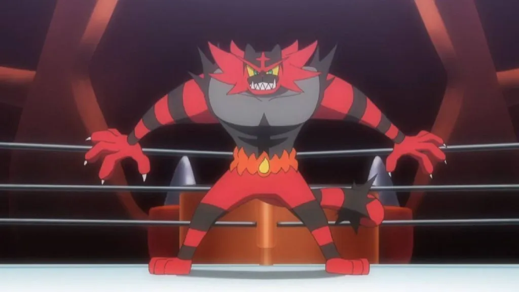 Das Pokémon Incineroar steht in einem Ring