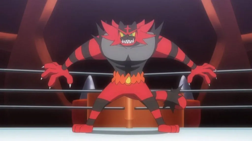 Il Pokemon Incineroar si trova su un ring di wrestling