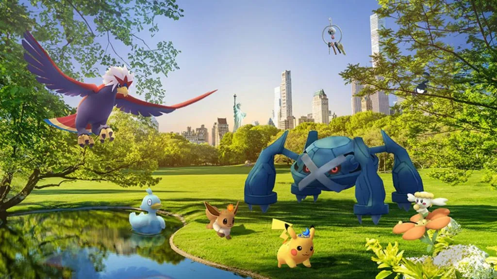 Grafika promocyjna Pokemon Go Fest 2024 przedstawia kilka Pokemonów spacerujących po nowojorskim parku