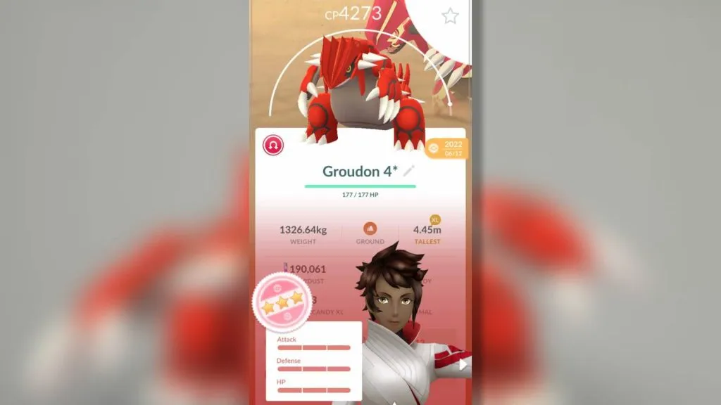 Une capture d'écran du menu Pokemon Go montre un Groudon avec des IV parfaits