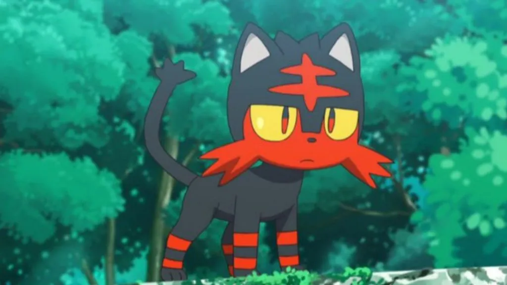 Litten parado sobre una roca en la serie de televisión Pokémon