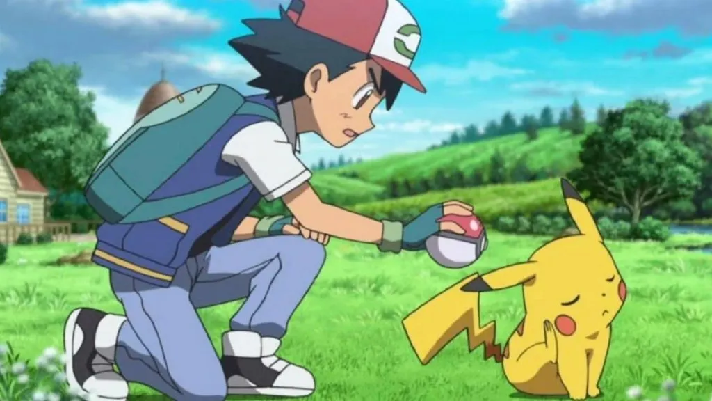 Ash essaie de faire entrer Pikachu dans une Poke Ball