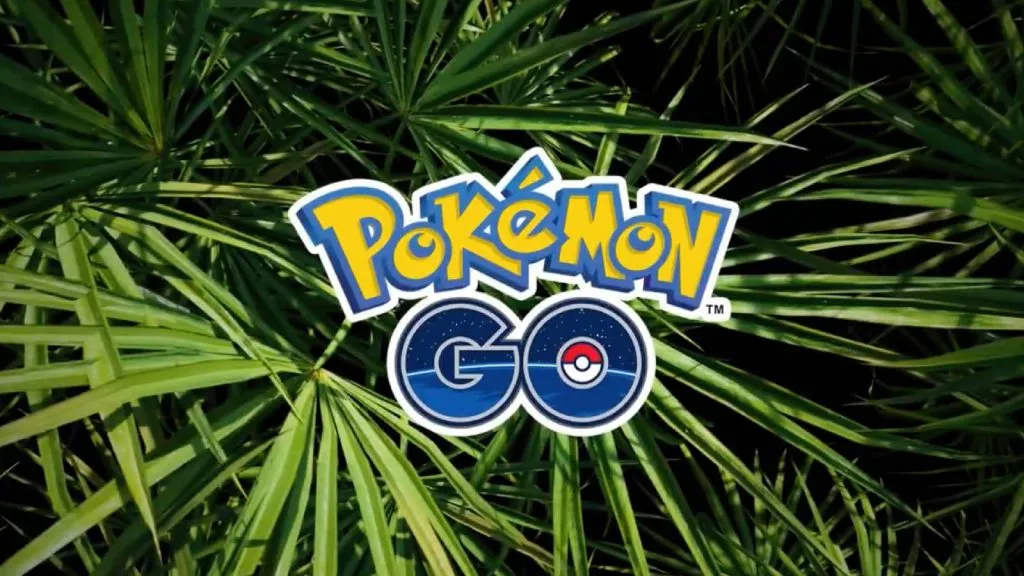 Un texte indiquant Pokemon Go apparaît devant les feuilles de la jungle