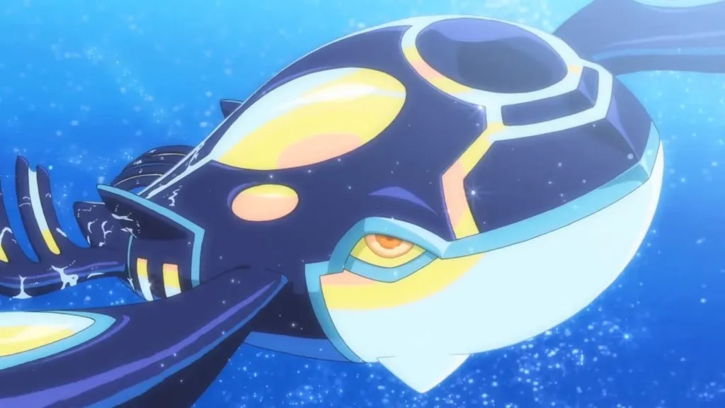 Primal Kyogre nadando no anime Pokémon.