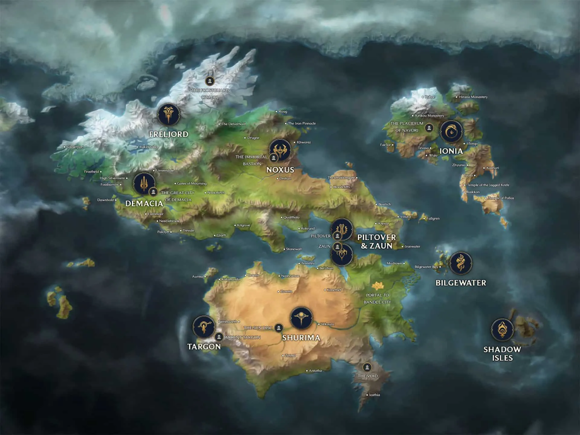 英雄聯盟世界符文之地的完整地圖。