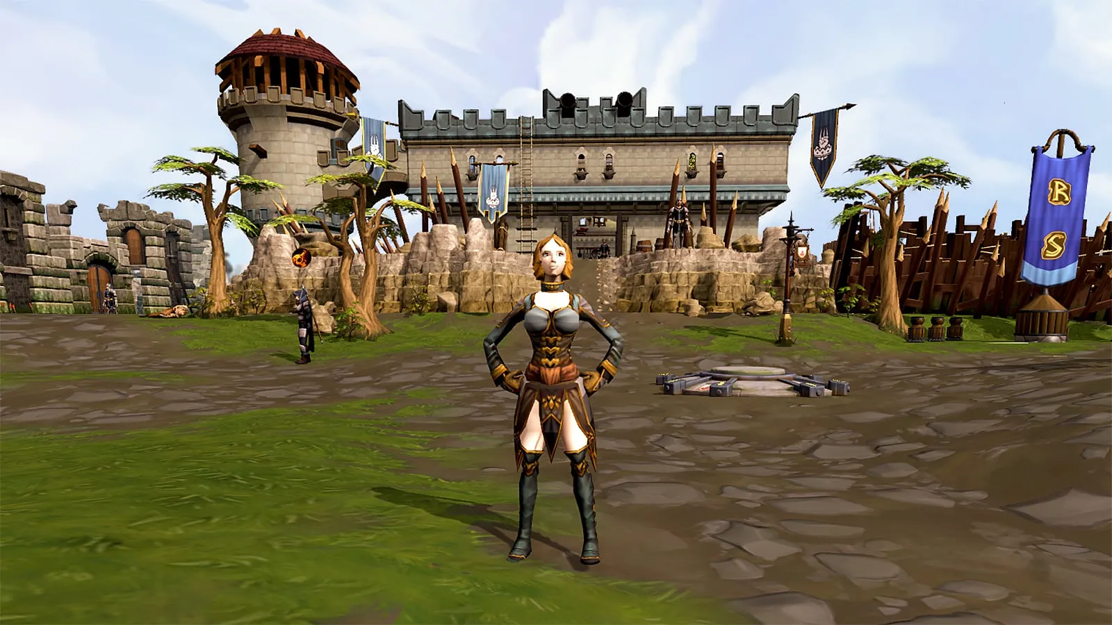 免費 MMORPG RuneScape 中的玩家角色在城堡地標前擺姿勢