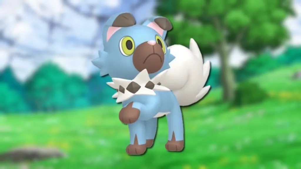 Rockruff cromatico in campo dall'anime Pokemon.