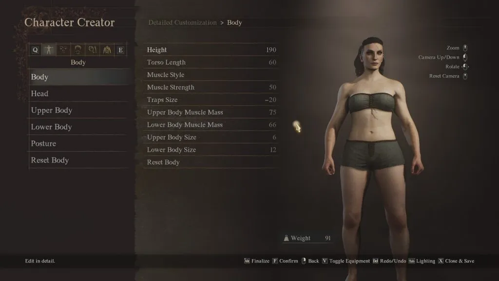 Criação de personagem de Dragon's Dogma 2 selecionando tipo de corpo para mulher forte