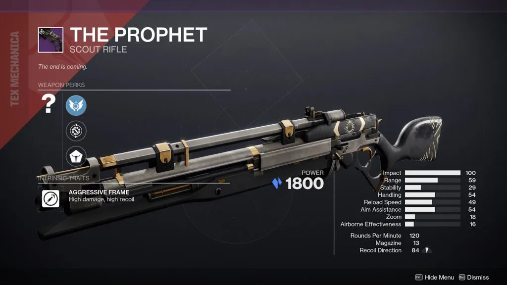 Resumen de las estadísticas del rifle de exploración The Prophet en Destiny 2.